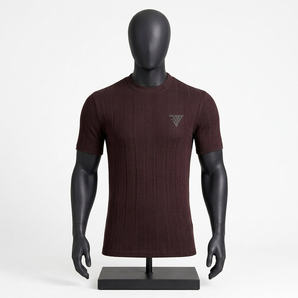 Men's Burgundy Ribbed T-Shirt size chart with chest length sleeve and shoulder measurements