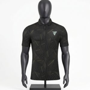 Men's Black Patterned Polo Shirt size chart with chest length and sleeve measurements