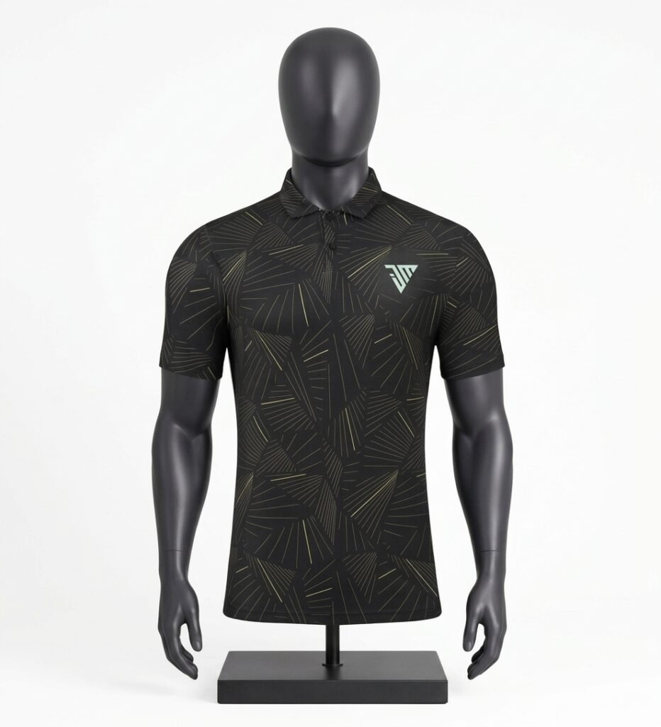 Men's Black Patterned Polo Shirt size chart with chest length and sleeve measurements