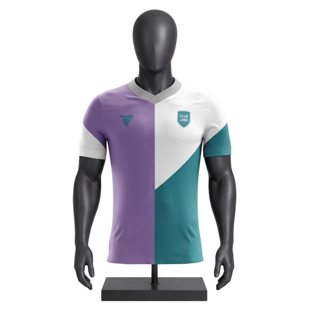 custom lavender teal soccer jersey size chart showing S to 3XL chest and length measurements