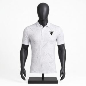 Men's White Patterned Polo Shirt size chart with chest length and sleeve measurements