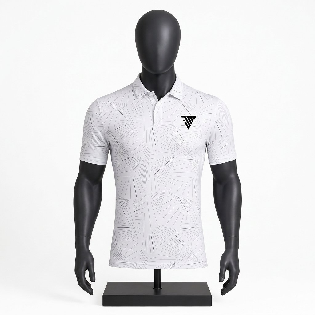 Men's White Patterned Polo Shirt size chart with chest length and sleeve measurements
