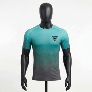 Men's Teal Performance T-Shirt size chart with chest width length and sleeve measurements