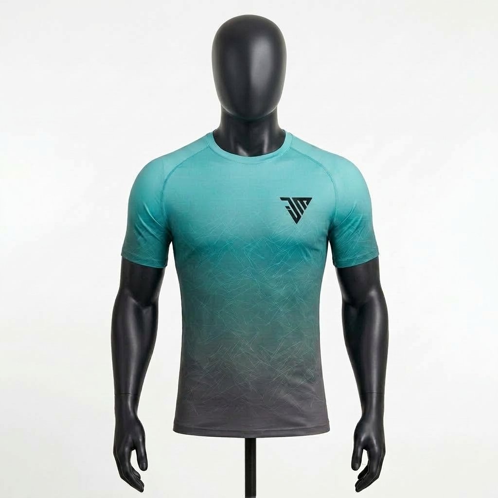 Men's Teal Performance T-Shirt size chart with chest width length and sleeve measurements