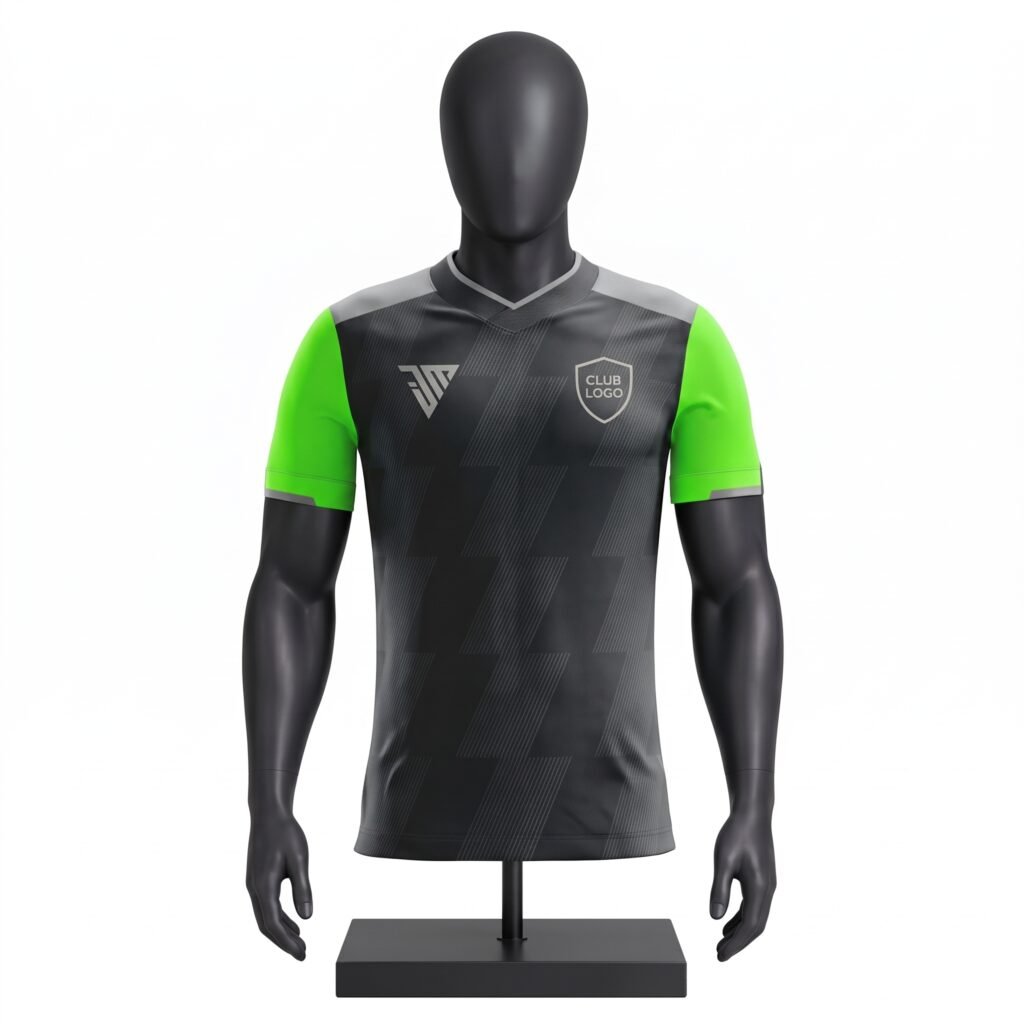 charcoal neon green football jersey size chart showing S to 3XL chest and length measurements