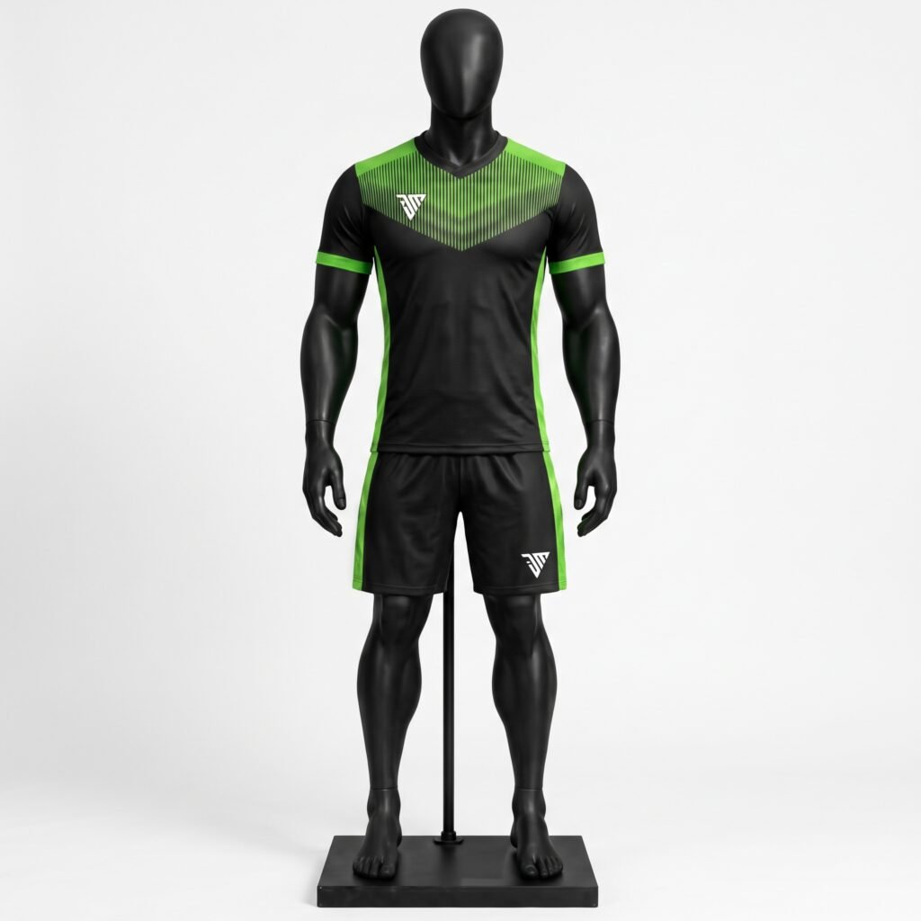 black lime green football kit front view with black jersey geometric lime green chest stripes V-neck collar and matching shorts