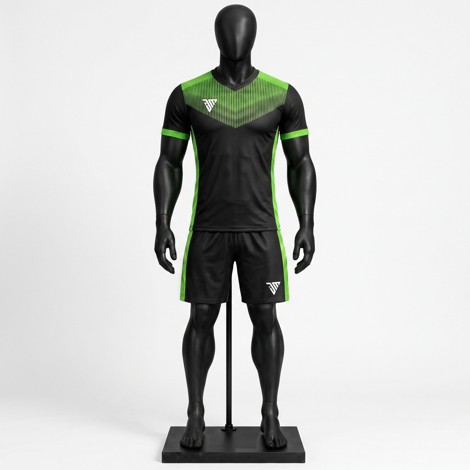 black lime green football kit front view with black jersey geometric lime green chest stripes V-neck collar and matching shorts