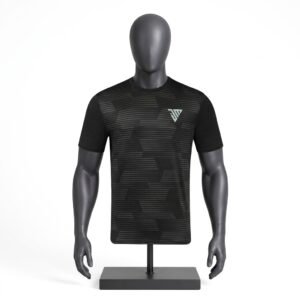 Men's Black Patterned Athletic T-Shirt size chart with chest waist hip and length measurements