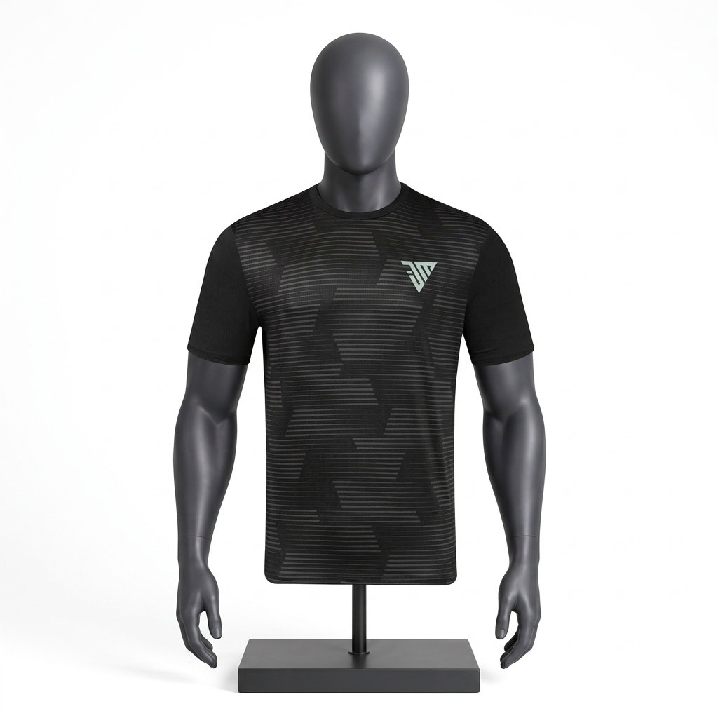 Men's Black Patterned Athletic T-Shirt size chart with chest waist hip and length measurements
