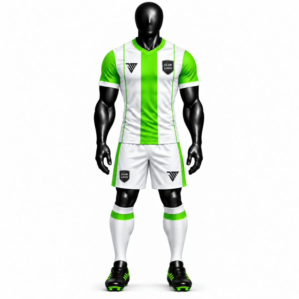 white neon green football kit size chart with jersey shorts and socks measurements