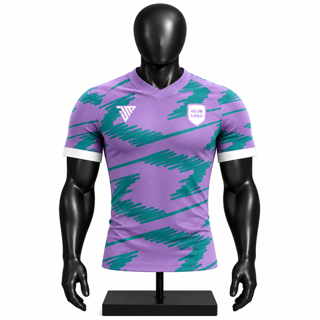 custom purple teal football shirt size chart showing S to 3XL chest and length measurements