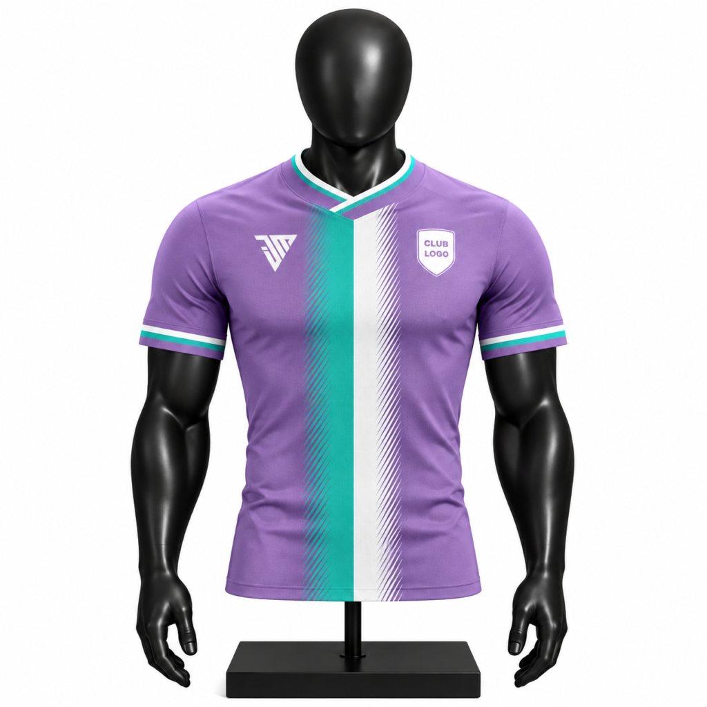 purple teal football jersey size chart showing men's XS to 3XL chest length shoulder and sleeve measurements
