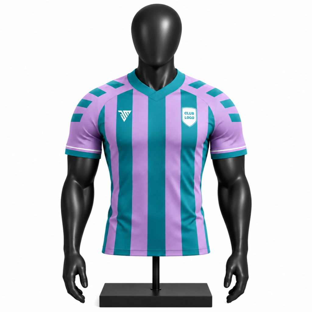 custom lavender and teal football jersey size chart showing chest length shoulder and sleeve measurements from S to 4XL