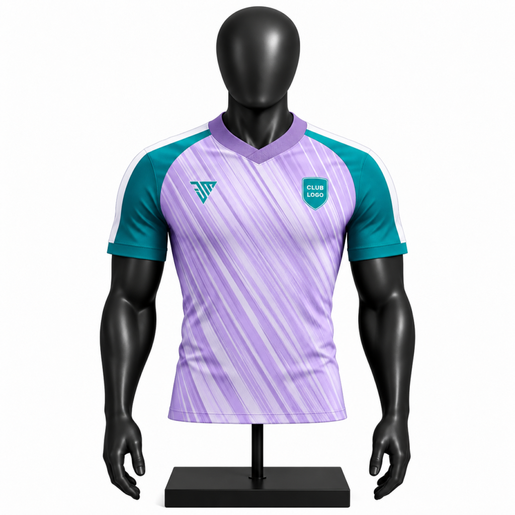 custom lavender and teal soccer jersey size chart showing chest and length measurements from XS to 4XL