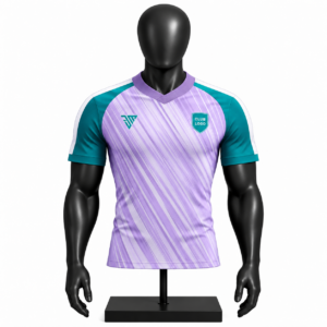 custom lavender and teal soccer jersey size chart showing chest and length measurements from XS to 4XL