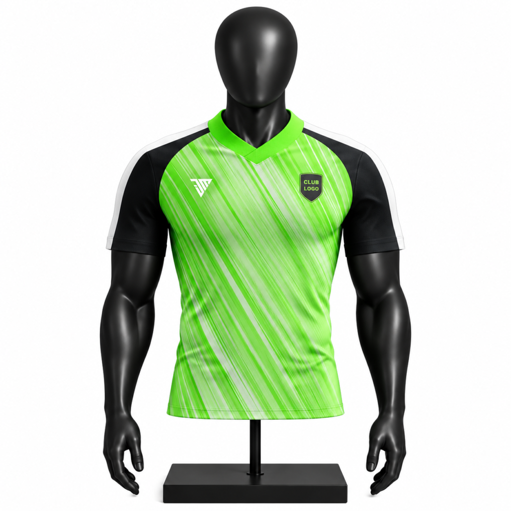 custom neon green football jersey size chart showing chest and length measurements from S to 3XL