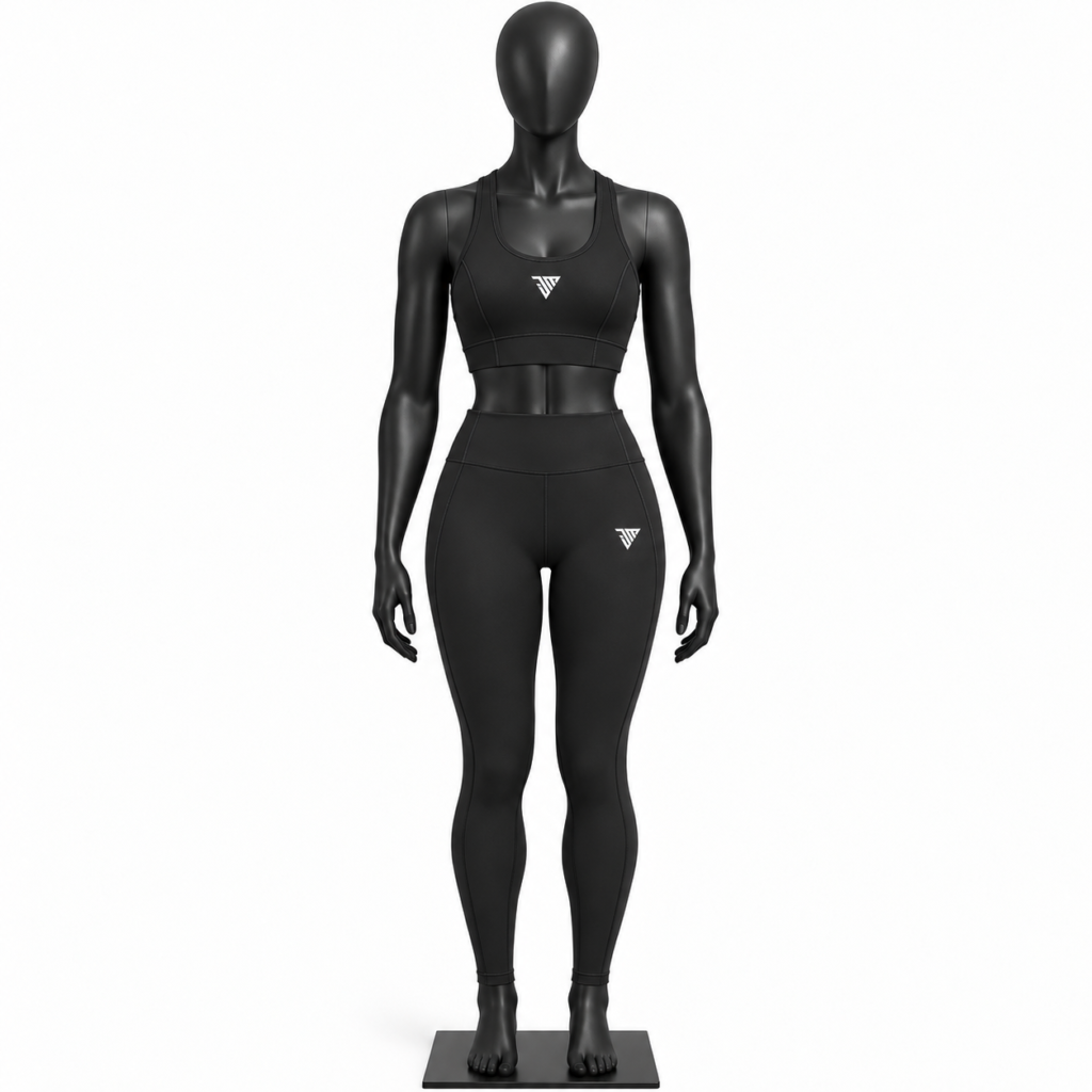women's sports bra and leggings set black activewear front view