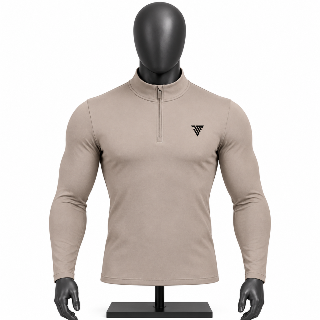 Men's Beige Quarter Zip Athletic Top size chart with chest waist length and sleeve measurements