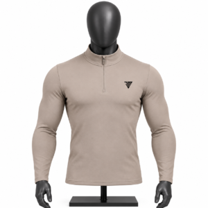Men's Beige Quarter Zip Athletic Top size chart with chest waist length and sleeve measurements