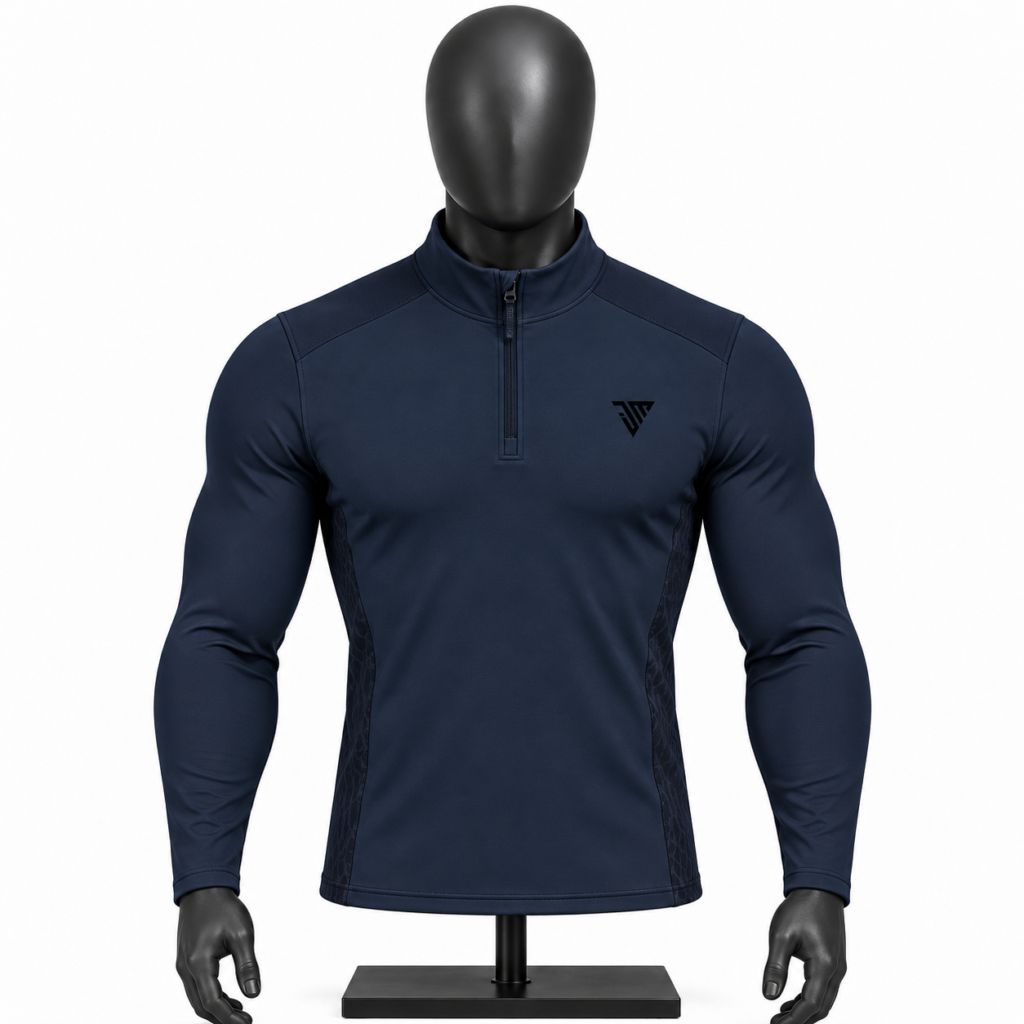 Men's Navy Quarter Zip Athletic Top size chart with chest length and sleeve measurements