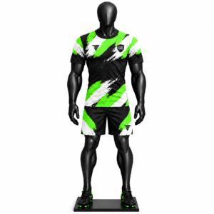 black green brushstroke football kit size chart showing jersey and shorts measurements from S to 5XL