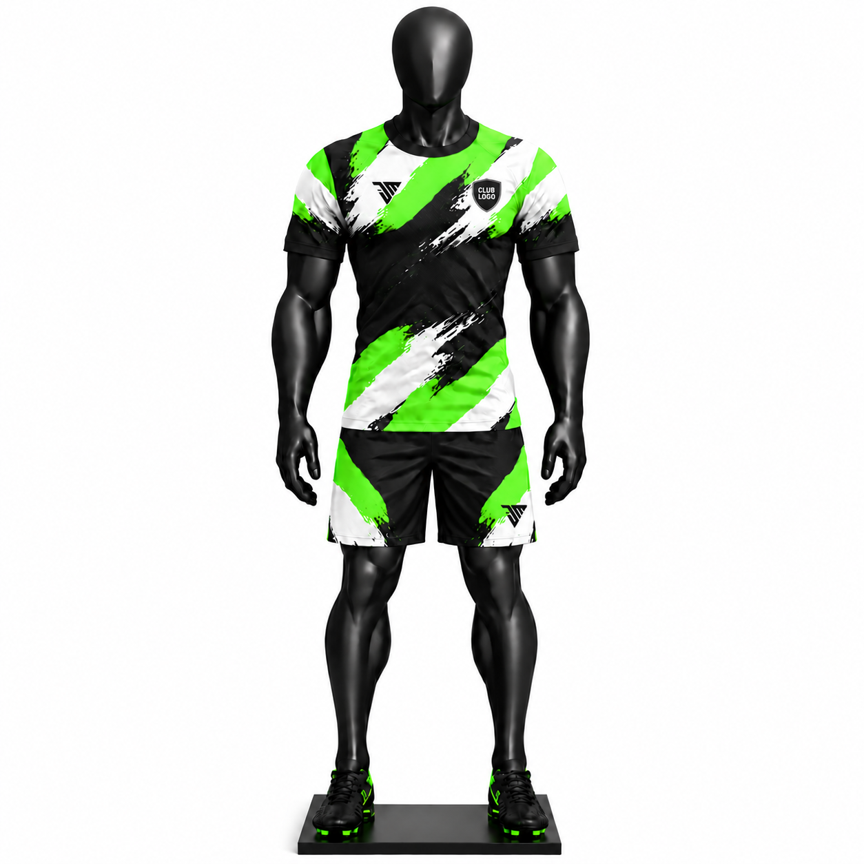 black green brushstroke football kit size chart showing jersey and shorts measurements from S to 5XL