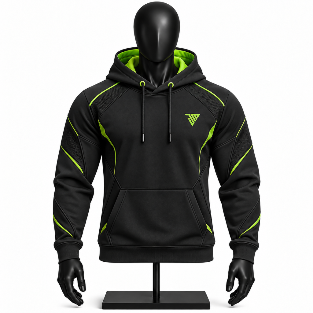 black and neon green hoodie size chart with chest length and sleeve measurements S to XXL