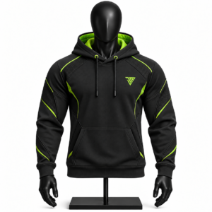 black and neon green hoodie size chart with chest length and sleeve measurements S to XXL