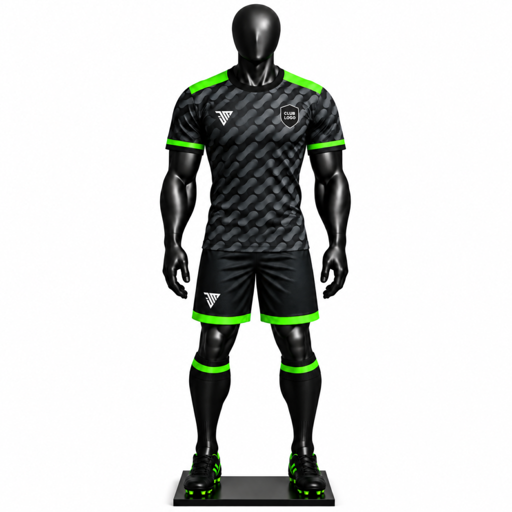 black gray neon green camo soccer kit size chart showing jersey and shorts measurements from S to XXL