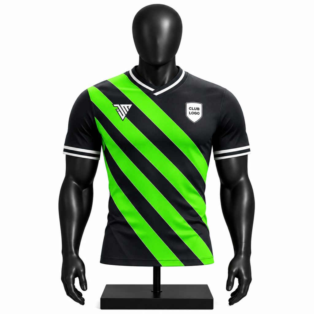 custom black and neon green soccer jersey size chart showing chest and length measurements from S to 3XL