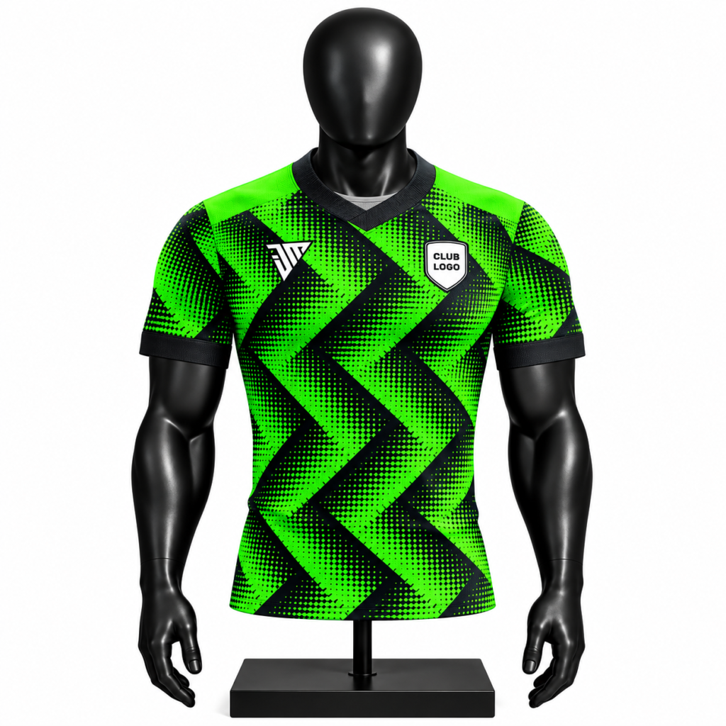 neon green geometric football jersey size chart showing S to 3XL chest length shoulder and sleeve measurements