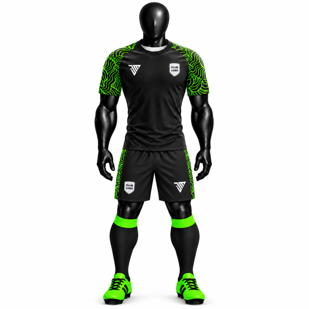 Front view of black geometric football kit with neon green shorts and matching socks