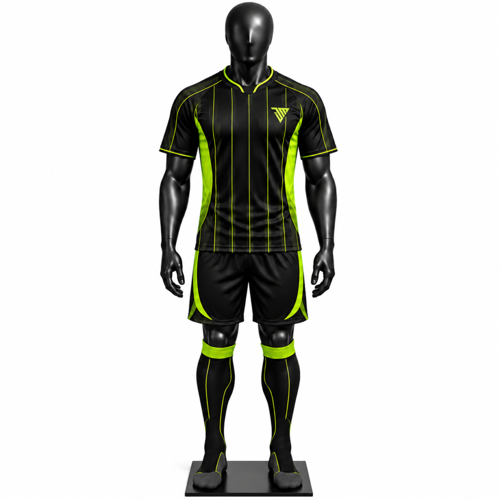 black neon green football kit size chart with jersey shorts and socks sizes S to 3XL