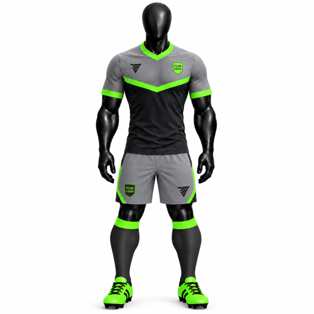 Front view of neon green and grey football kit with black V-neck jersey and matching shorts