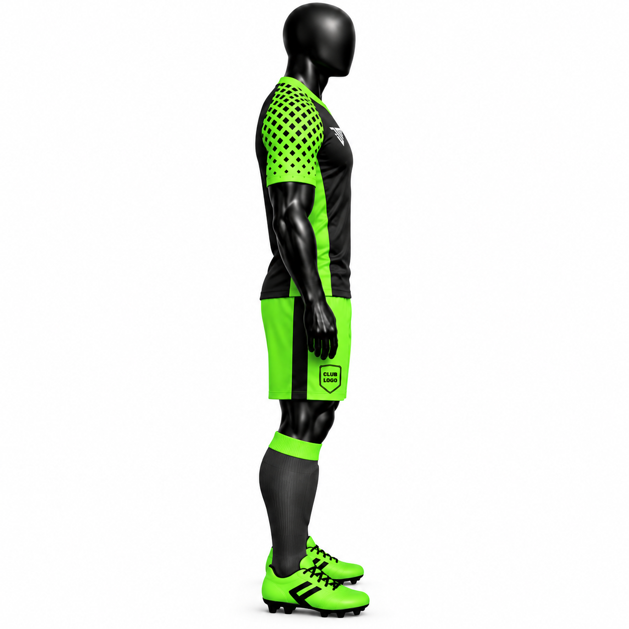 Custom Black Neon Green Football Kit with Patterned Sleeves - Image 3