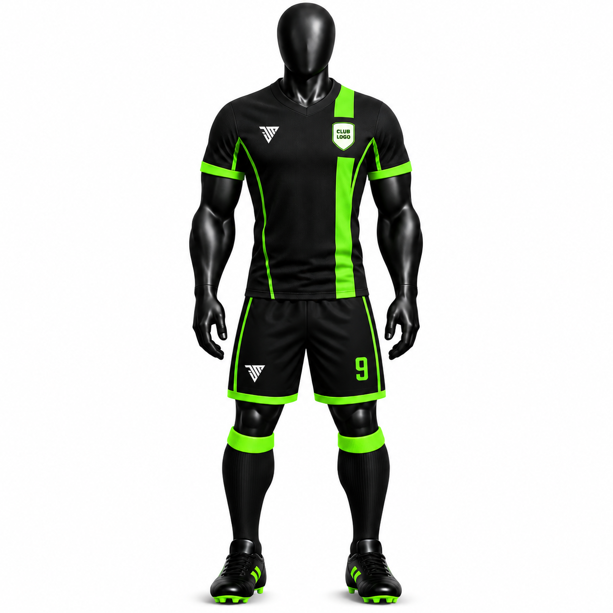 black neon green number 9 football kit size chart with front back and side views plus jersey and shorts measurements