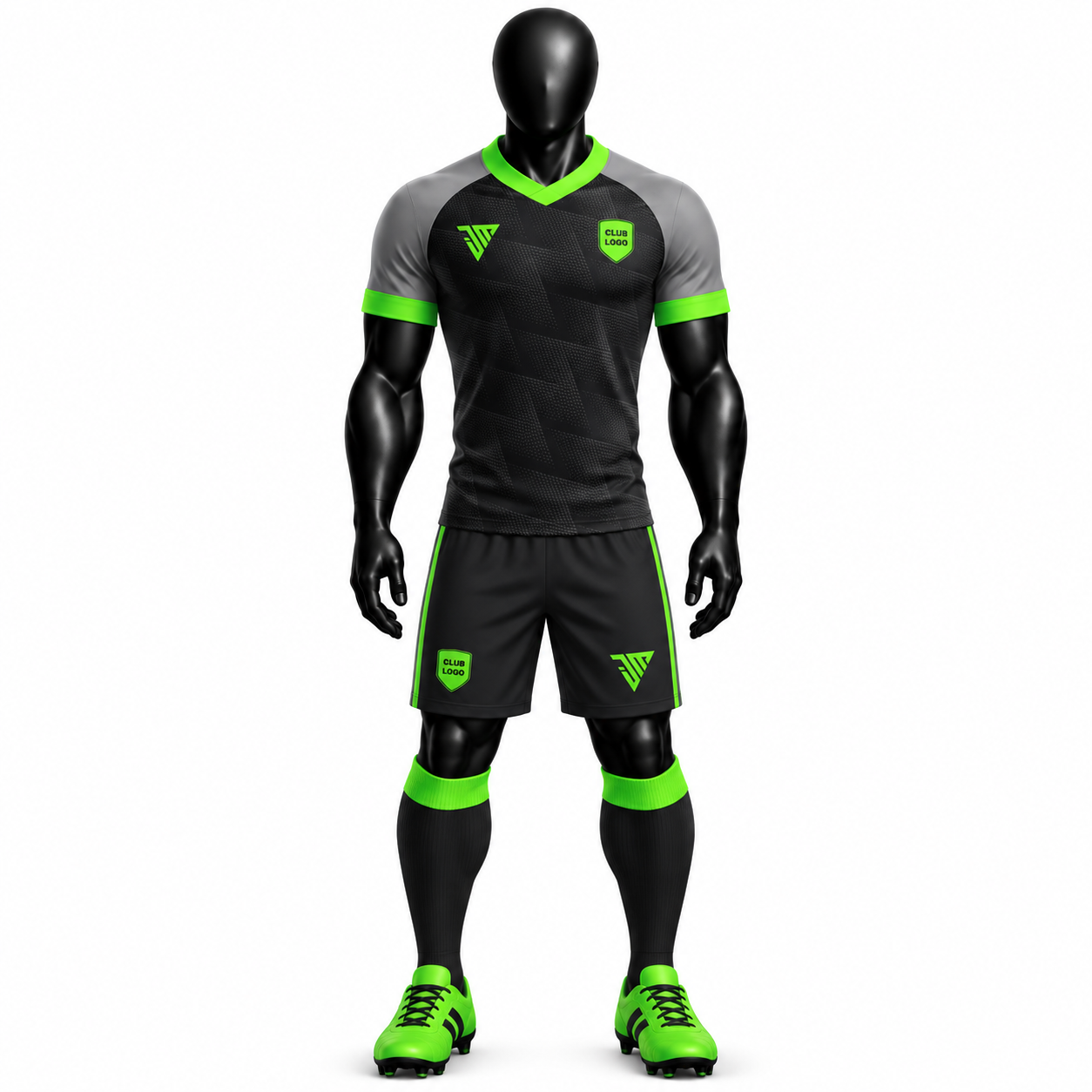 Black grey neon green football kit with jersey shorts socks and size charts