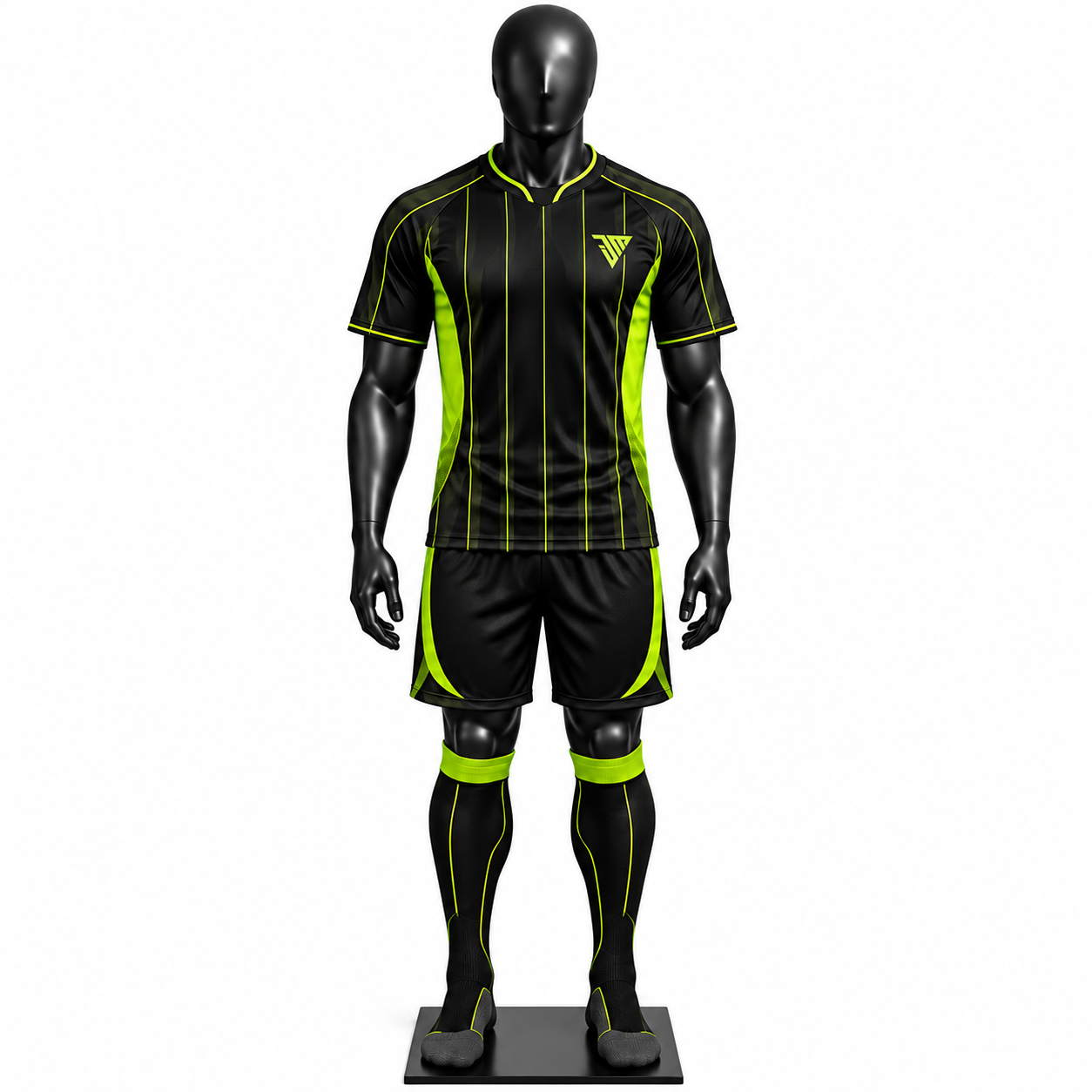 black neon green football kit size chart with jersey shorts and socks sizes S to 3XL