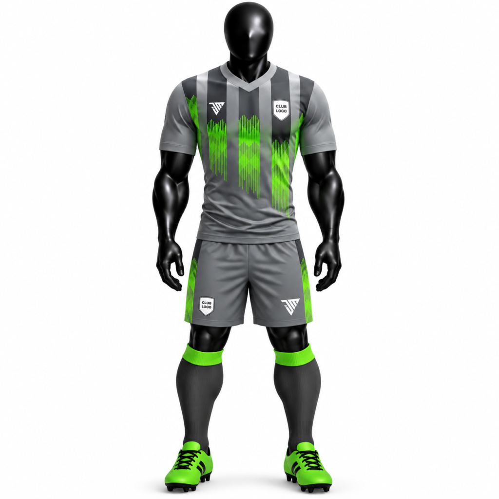 Front view of grey neon green football kit with striped jersey matching shorts and dark socks