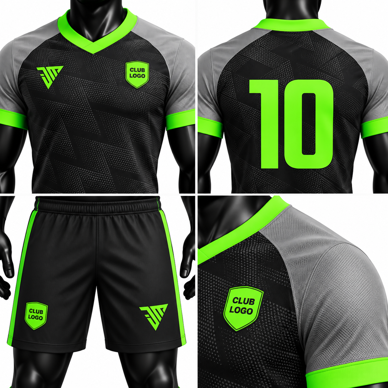 Black Grey Neon Green Football Kit - Image 4