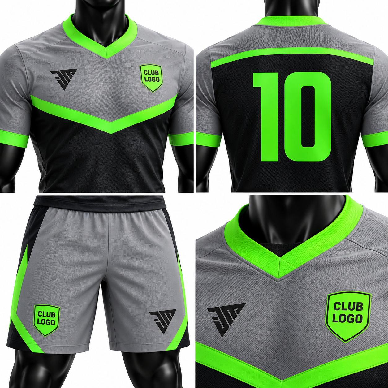 Neon Green and Grey Black Football Kit with Matching Shorts - Image 4