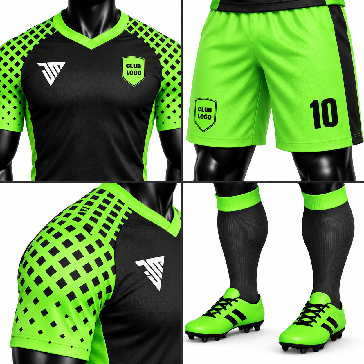 Custom Black Neon Green Football Kit with Patterned Sleeves - Image 4