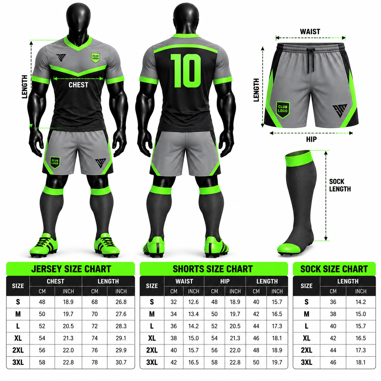 Neon Green and Grey Black Football Kit with Matching Shorts - Image 5