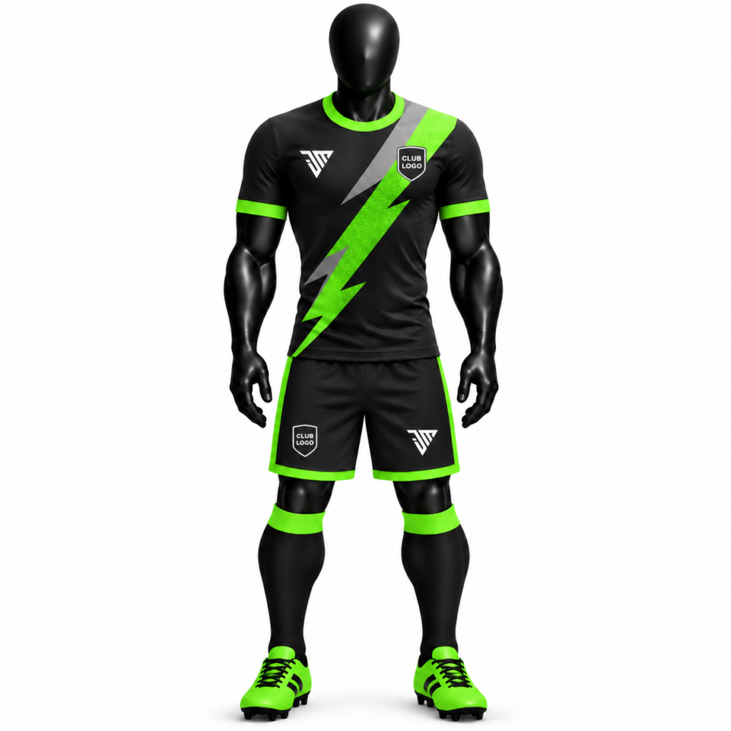 Black neon green lightning soccer kit with jersey shorts and socks size charts