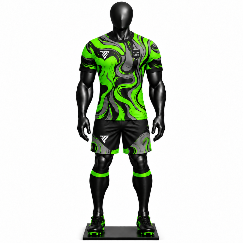 neon green black swirl soccer kit size chart showing jersey and shorts measurements from S to 4XL