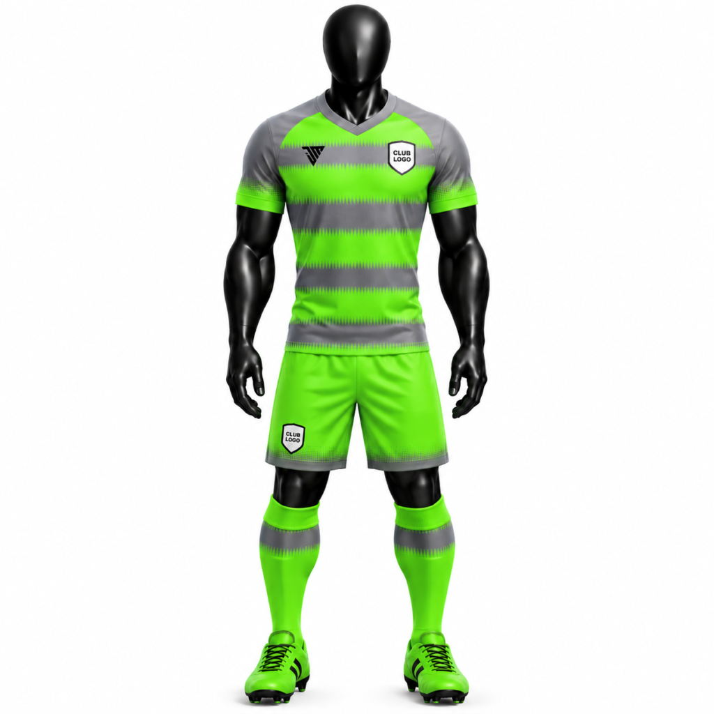 neon green grey striped football kit size chart showing jersey shorts and socks measurements with front mannequin view