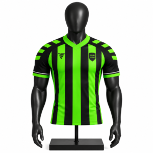 custom black and neon green football jersey size chart showing chest length shoulder and sleeve measurements from S to 3XL