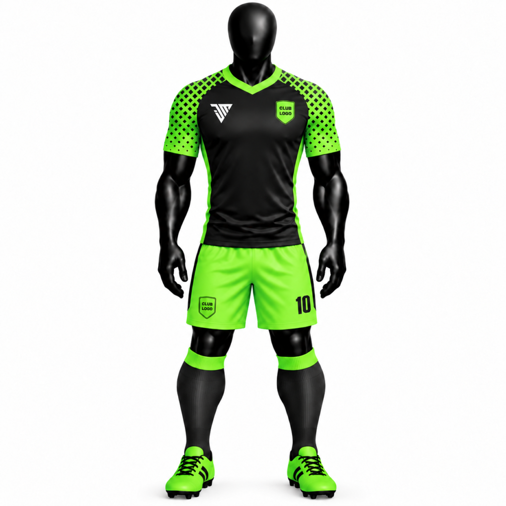 Black neon green football kit with black jersey and matching neon green shorts
