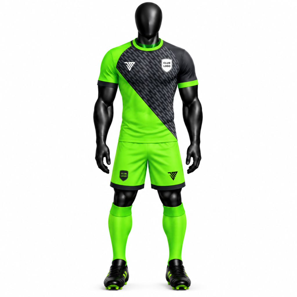 neon green geometric football kit front view with black diagonal patterned jersey matching neon green shorts and football socks