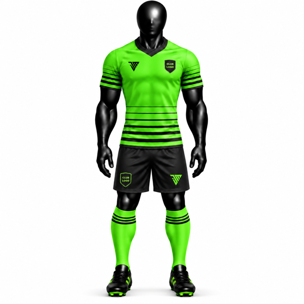 neon green black football kit size chart showing jersey shorts and socks sizes S to 3XL